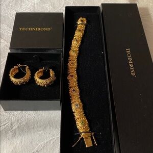 Etruscan Technibond Gold Bracelet & Earrings w/Multi Gem Accents Gold o/ Silver